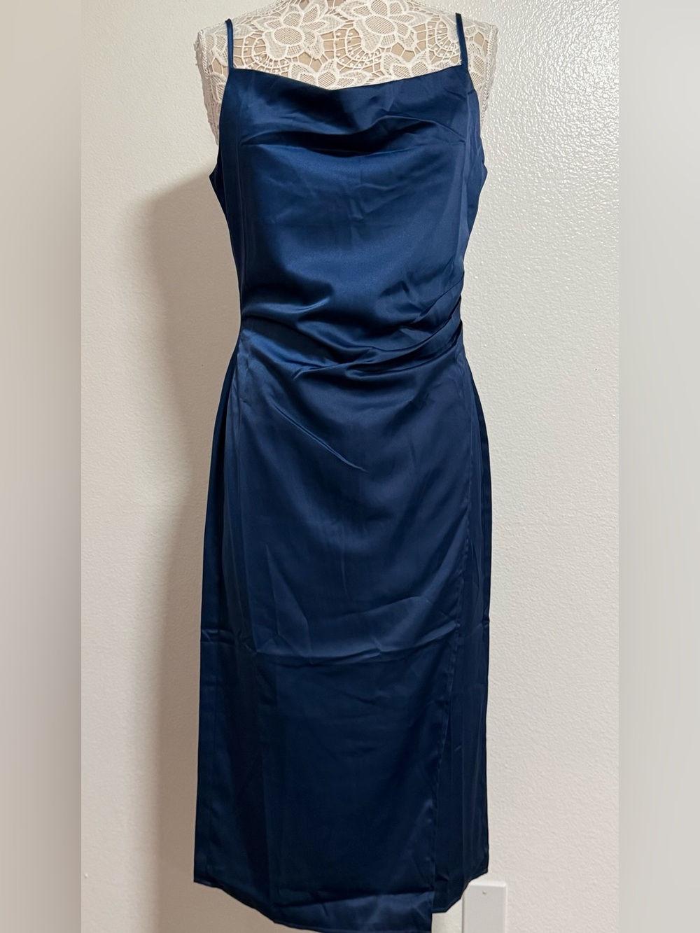 NWT Satin Navy Sleeveless Cowl Neck Dress - 227-229